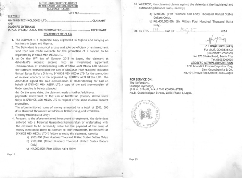 D'Banj Sued Over 100 Million Naira Debt